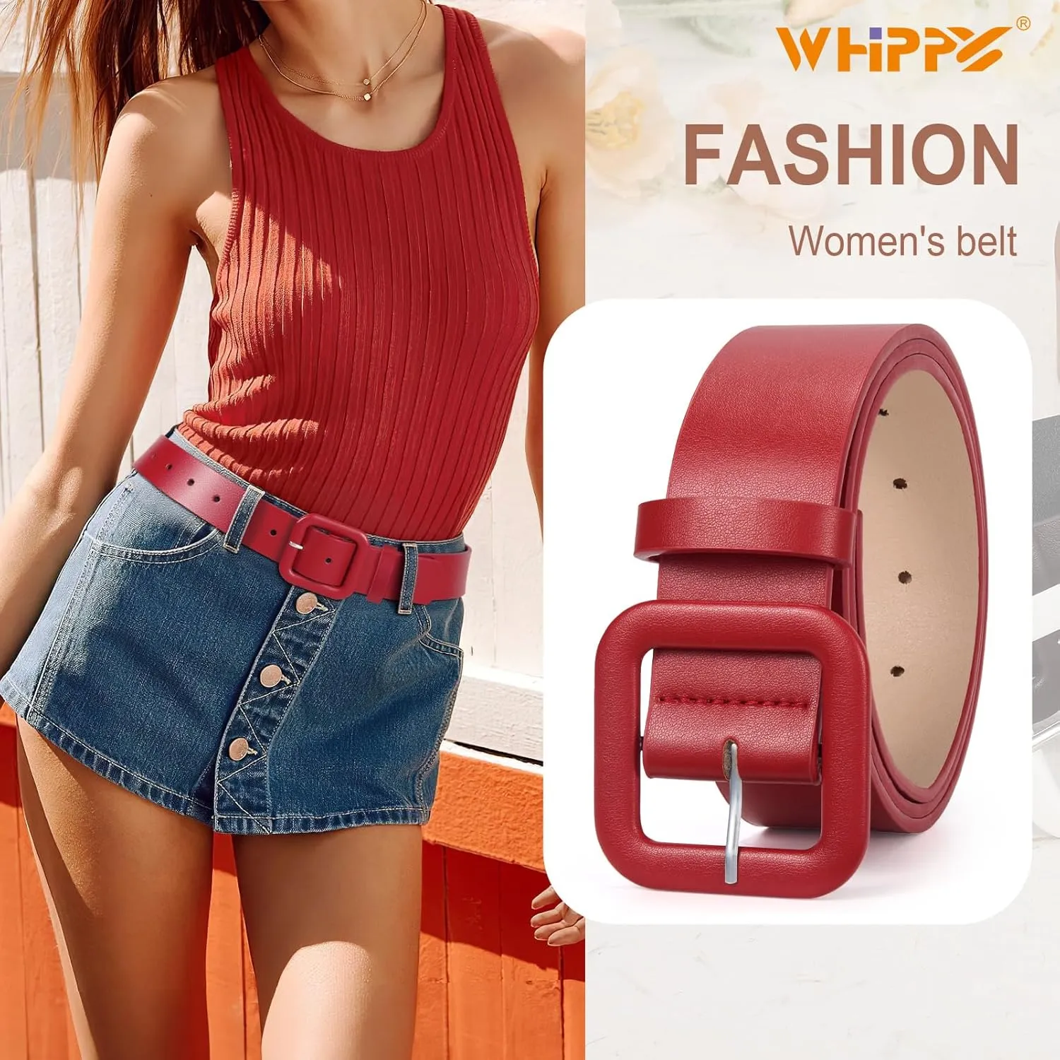 WHIPPY Women Leather Belt Candy Color Fashion Square Buckle Belt Ladies Belt for Jeans Pants Dresses