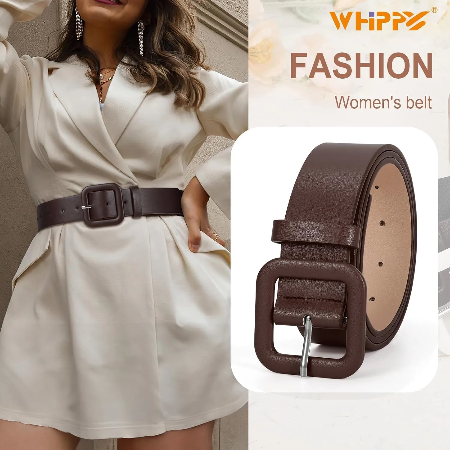 WHIPPY Women Leather Belt Candy Color Fashion Square Buckle Belt Ladies Belt for Jeans Pants Dresses