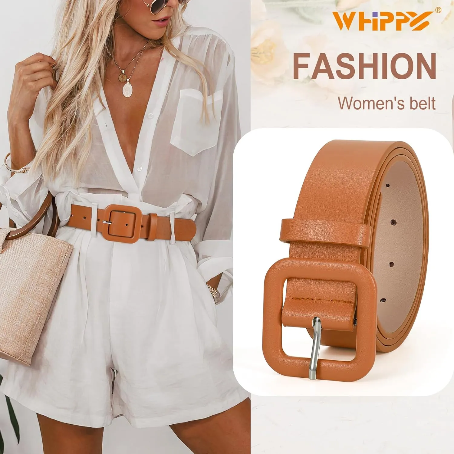 WHIPPY Women Leather Belt Candy Color Fashion Square Buckle Belt Ladies Belt for Jeans Pants Dresses