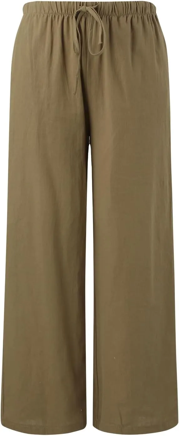 Wide Leg Linen Pants for Women Summer Flowy Palazzo Pants Comfy Elastic High Waist Casual Beach Trousers Pockets 2025