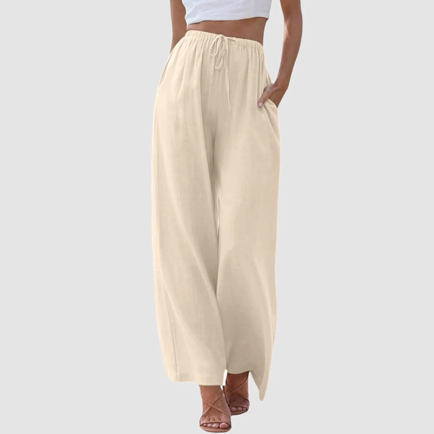 Wide Leg Linen Pants for Women Summer Flowy Palazzo Pants Comfy Elastic High Waist Casual Beach Trousers Pockets 2025