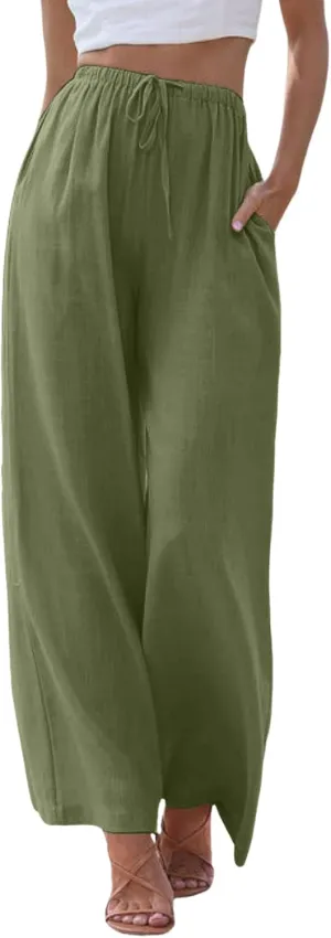 Wide Leg Linen Pants for Women Summer Flowy Palazzo Pants Comfy Elastic High Waist Casual Beach Trousers Pockets 2025