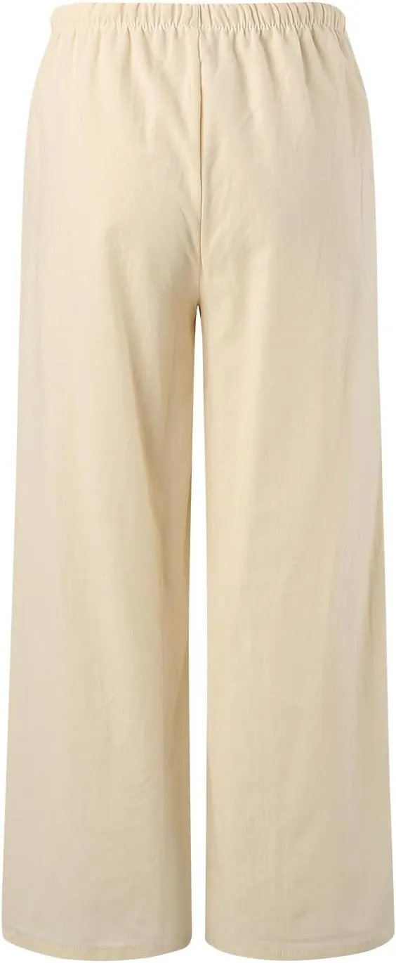 Wide Leg Linen Pants for Women Summer Flowy Palazzo Pants Comfy Elastic High Waist Casual Beach Trousers Pockets 2025