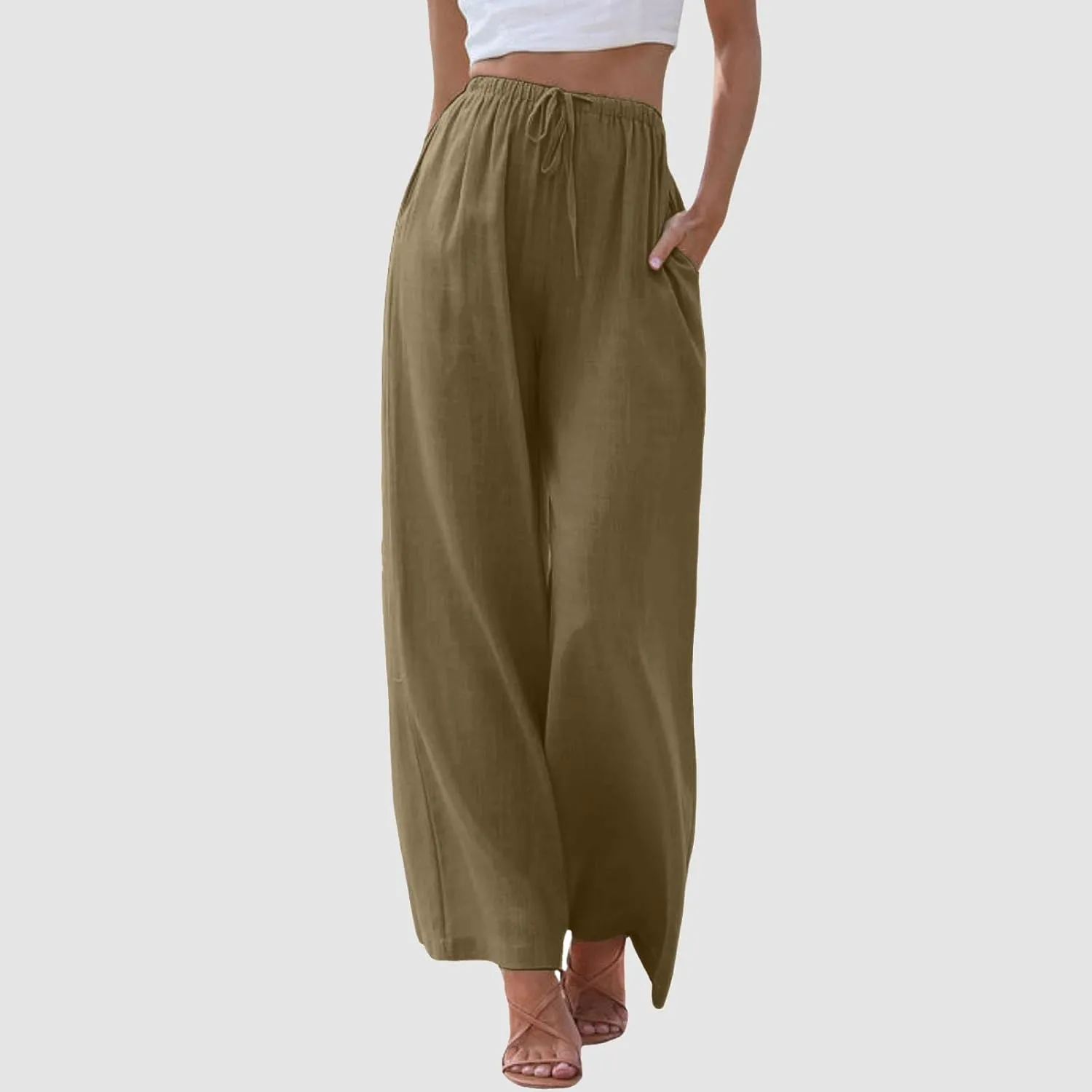 Wide Leg Linen Pants for Women Summer Flowy Palazzo Pants Comfy Elastic High Waist Casual Beach Trousers Pockets 2025
