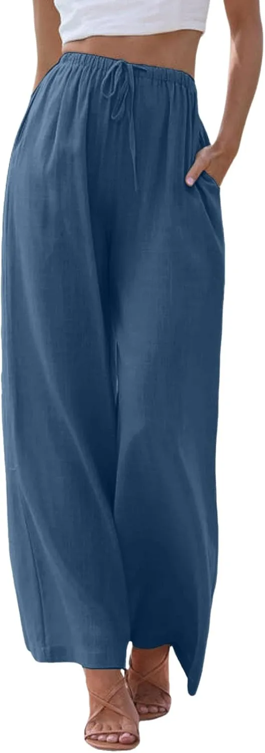Wide Leg Linen Pants for Women Summer Flowy Palazzo Pants Comfy Elastic High Waist Casual Beach Trousers Pockets 2025