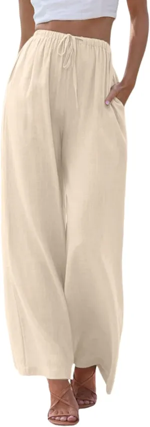 Wide Leg Linen Pants for Women Summer Flowy Palazzo Pants Comfy Elastic High Waist Casual Beach Trousers Pockets 2025