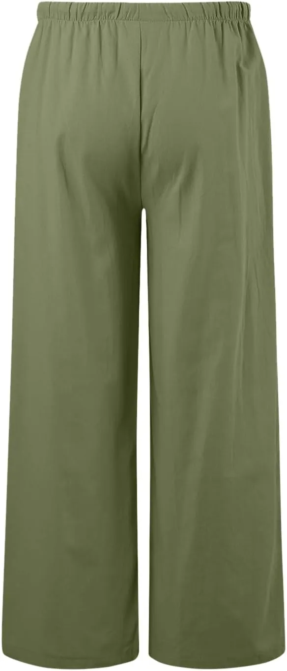 Wide Leg Linen Pants for Women Summer Flowy Palazzo Pants Comfy Elastic High Waist Casual Beach Trousers Pockets 2025