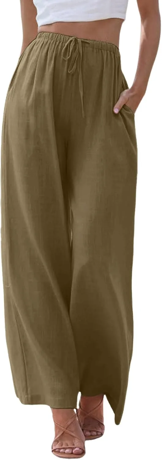 Wide Leg Linen Pants for Women Summer Flowy Palazzo Pants Comfy Elastic High Waist Casual Beach Trousers Pockets 2025