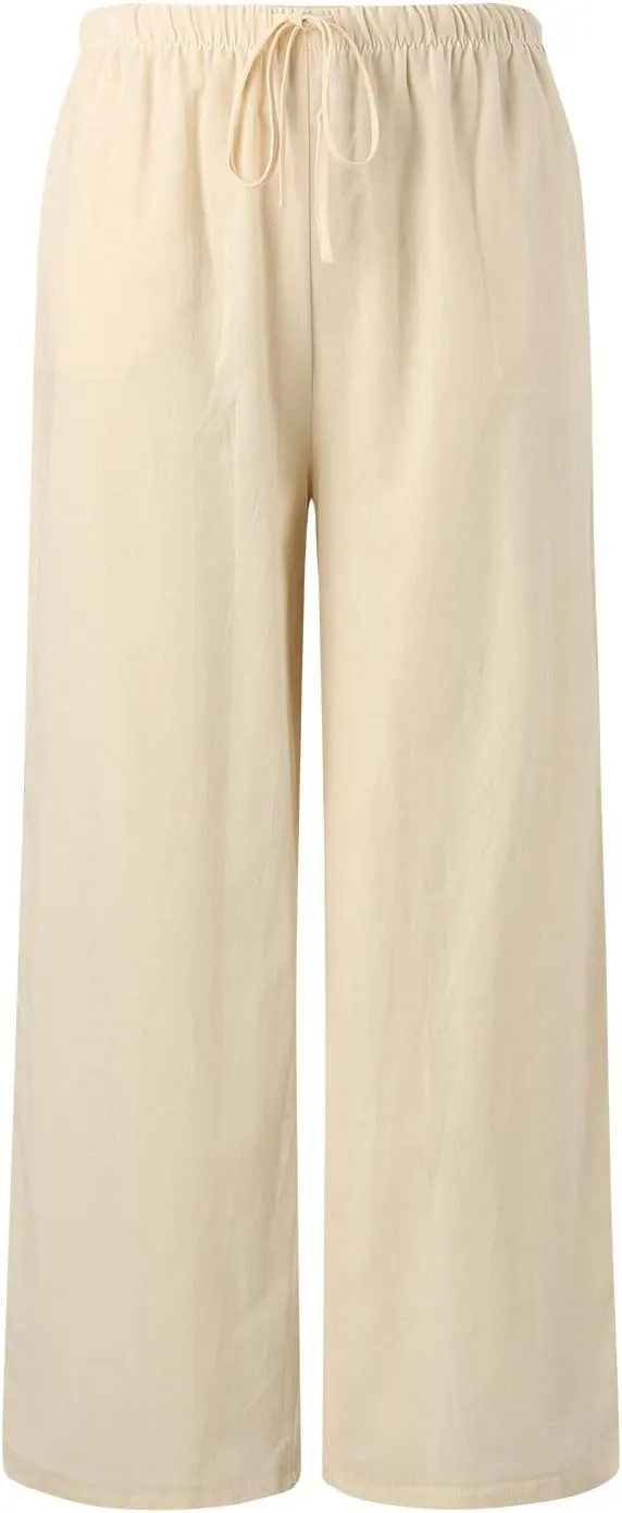 Wide Leg Linen Pants for Women Summer Flowy Palazzo Pants Comfy Elastic High Waist Casual Beach Trousers Pockets 2025