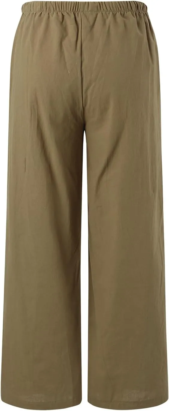 Wide Leg Linen Pants for Women Summer Flowy Palazzo Pants Comfy Elastic High Waist Casual Beach Trousers Pockets 2025