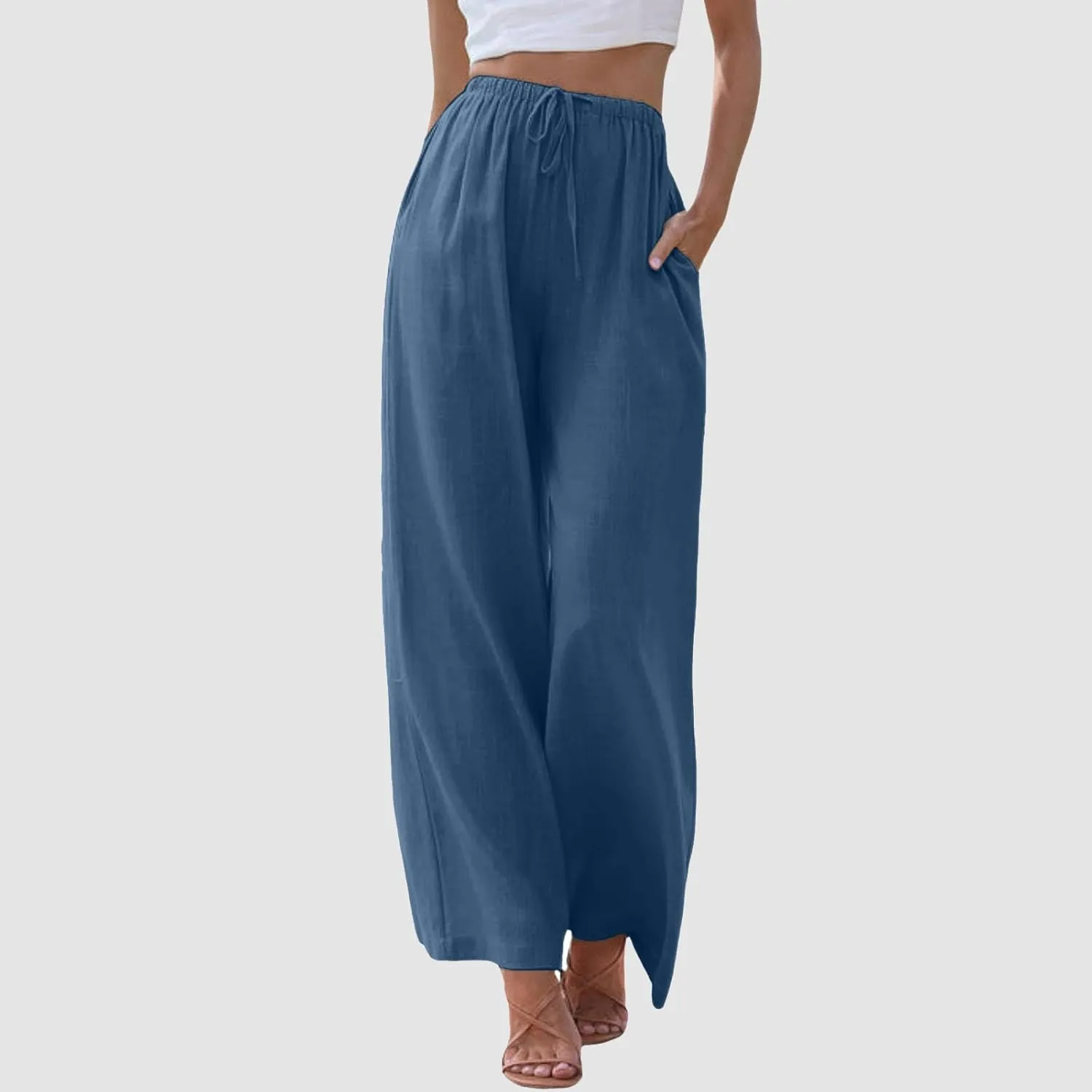 Wide Leg Linen Pants for Women Summer Flowy Palazzo Pants Comfy Elastic High Waist Casual Beach Trousers Pockets 2025