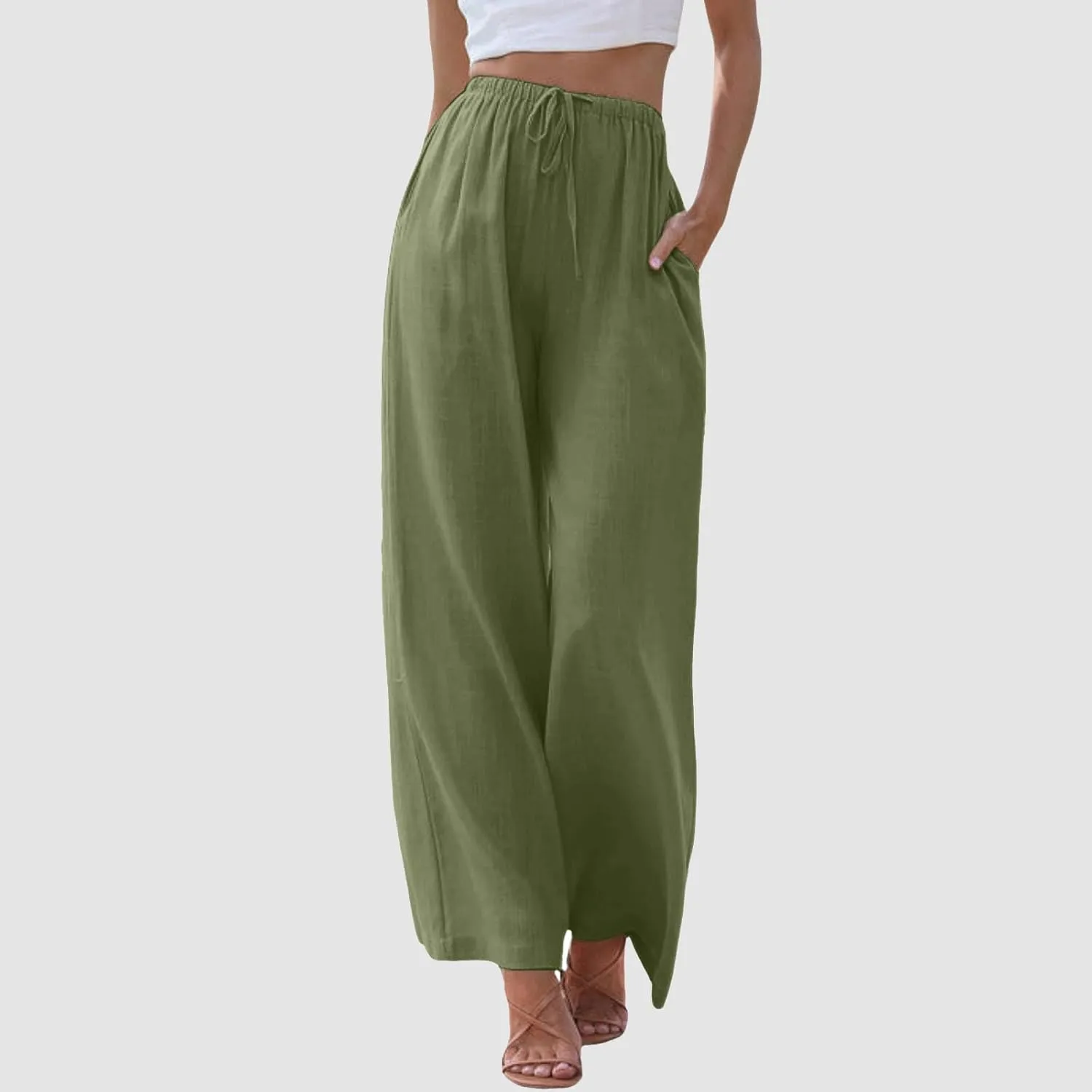Wide Leg Linen Pants for Women Summer Flowy Palazzo Pants Comfy Elastic High Waist Casual Beach Trousers Pockets 2025