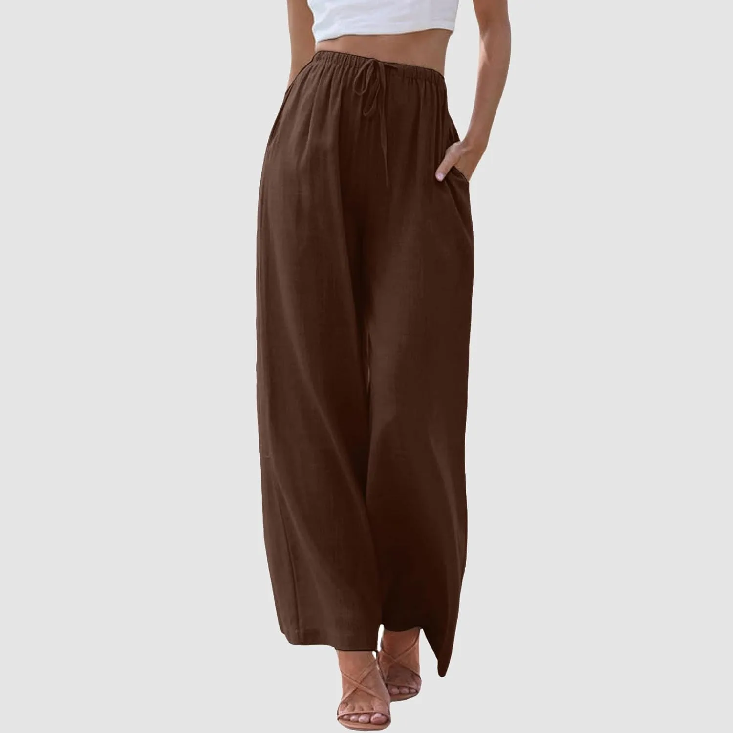 Wide Leg Linen Pants for Women Summer Flowy Palazzo Pants Comfy Elastic High Waist Casual Beach Trousers Pockets 2025