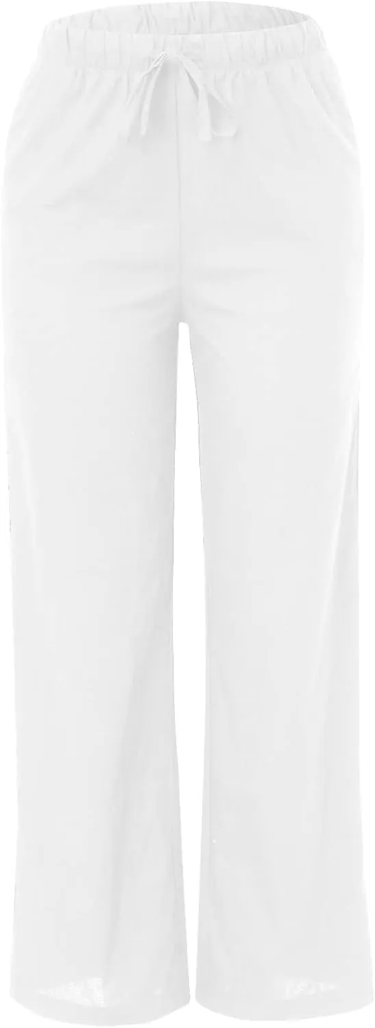 Wide Leg Linen Pants for Women Summer Flowy Palazzo Pants Comfy Elastic High Waist Casual Beach Trousers Pockets 2025