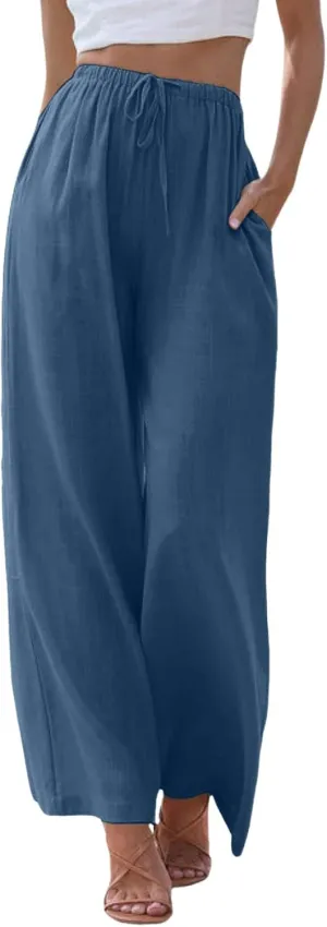 Wide Leg Linen Pants for Women Summer Flowy Palazzo Pants Comfy Elastic High Waist Casual Beach Trousers Pockets 2025
