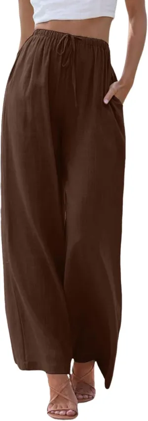 Wide Leg Linen Pants for Women Summer Flowy Palazzo Pants Comfy Elastic High Waist Casual Beach Trousers Pockets 2025