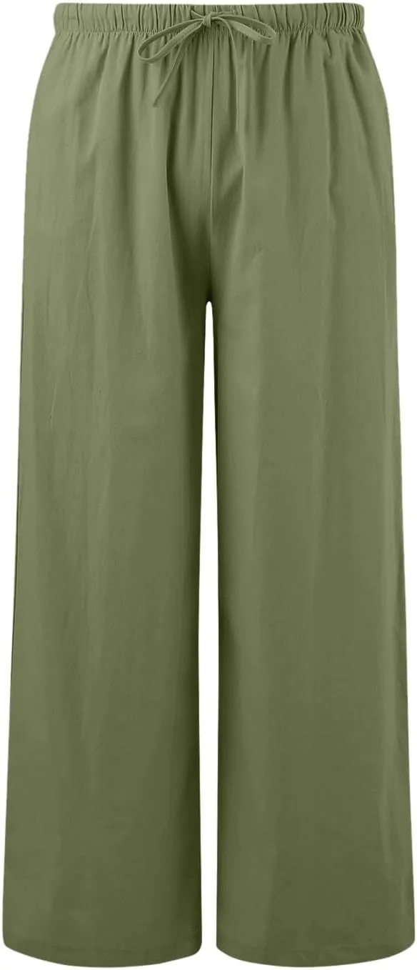 Wide Leg Linen Pants for Women Summer Flowy Palazzo Pants Comfy Elastic High Waist Casual Beach Trousers Pockets 2025