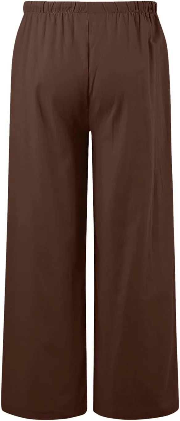 Wide Leg Linen Pants for Women Summer Flowy Palazzo Pants Comfy Elastic High Waist Casual Beach Trousers Pockets 2025
