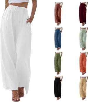 Wide Leg Linen Pants for Women Summer Flowy Palazzo Pants Comfy Elastic High Waist Casual Beach Trousers Pockets 2025