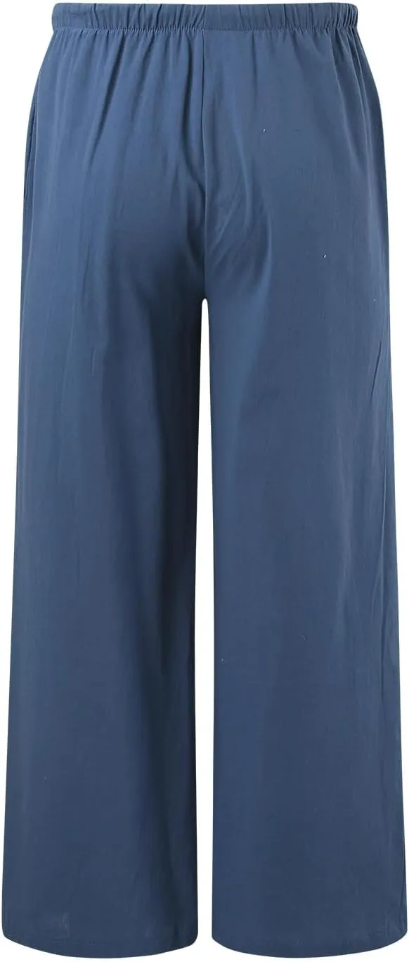 Wide Leg Linen Pants for Women Summer Flowy Palazzo Pants Comfy Elastic High Waist Casual Beach Trousers Pockets 2025