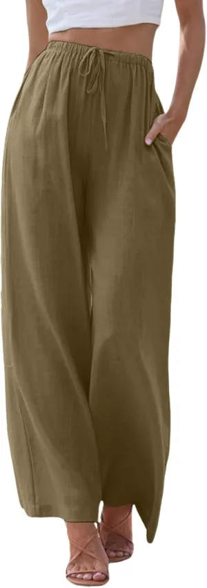 Wide Leg Linen Pants for Women Summer Flowy Palazzo Pants Comfy Elastic High Waist Casual Beach Trousers Pockets 2025