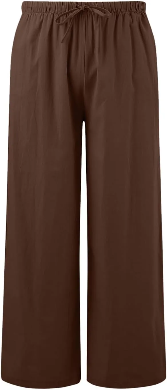 Wide Leg Linen Pants for Women Summer Flowy Palazzo Pants Comfy Elastic High Waist Casual Beach Trousers Pockets 2025