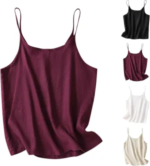 Women Cotton Linen Camisole Tank Tops Spaghetti Strap Tees Cami Top Sleeveless Shirts Trendy Plain Loose Basic Tanks