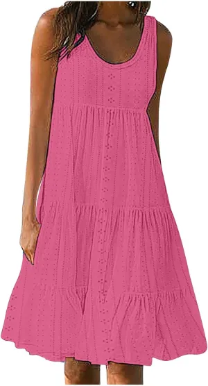 Women Eyelet Dresses Summer Tiered Ruffle Hem Mini Swing Dress Casual Sleeveless Dress Flowy Beach Sundress