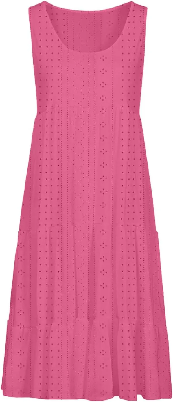 Women Eyelet Dresses Summer Tiered Ruffle Hem Mini Swing Dress Casual Sleeveless Dress Flowy Beach Sundress