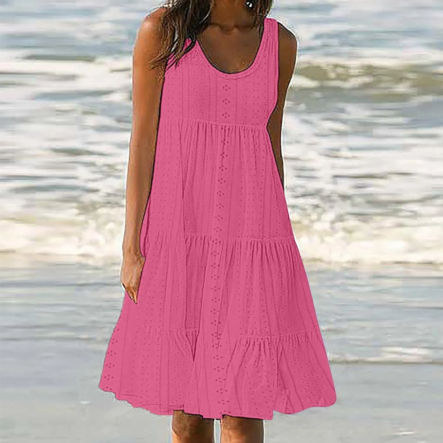 Women Eyelet Dresses Summer Tiered Ruffle Hem Mini Swing Dress Casual Sleeveless Dress Flowy Beach Sundress
