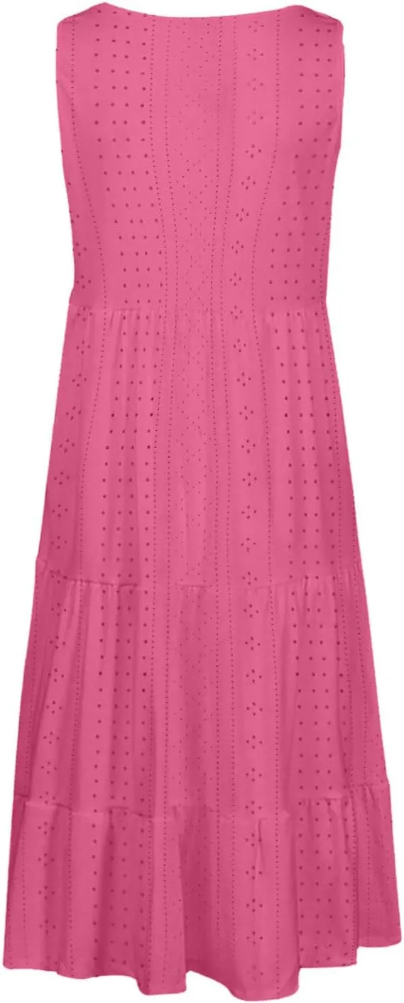 Women Eyelet Dresses Summer Tiered Ruffle Hem Mini Swing Dress Casual Sleeveless Dress Flowy Beach Sundress