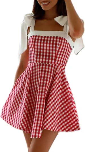Women Floral Flowy Mini Dress Sleeveless Tie Shoulder Babydoll Boho Ruffle Sundress Bandage Tank Strap Short Dress
