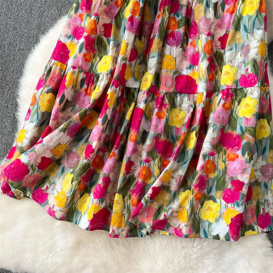 Women Floral Print Vintage Midi Skirt High Waist Loose Party Casual A-Line Skirts