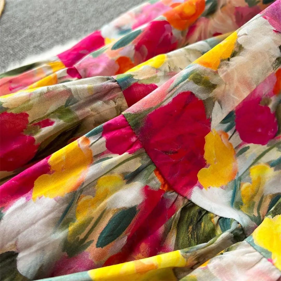 Women Floral Print Vintage Midi Skirt High Waist Loose Party Casual A-Line Skirts