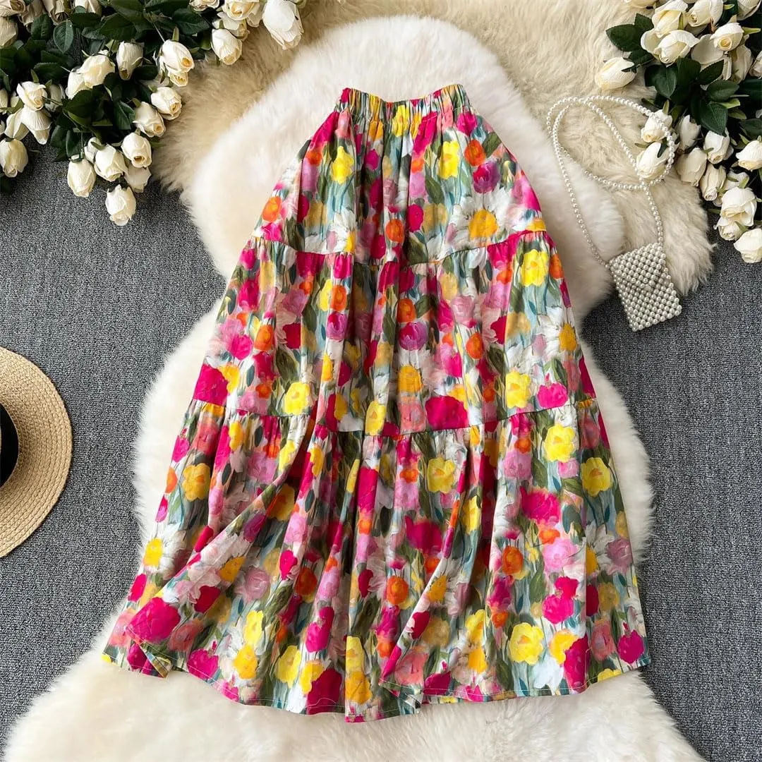 Women Floral Print Vintage Midi Skirt High Waist Loose Party Casual A-Line Skirts