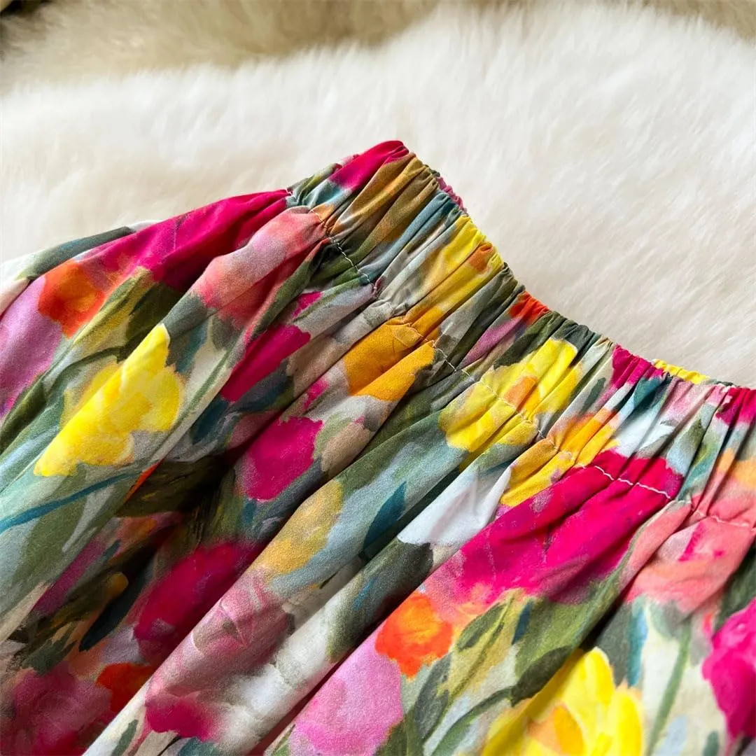 Women Floral Print Vintage Midi Skirt High Waist Loose Party Casual A-Line Skirts