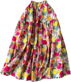 Women Floral Print Vintage Midi Skirt High Waist Loose Party Casual A-Line Skirts