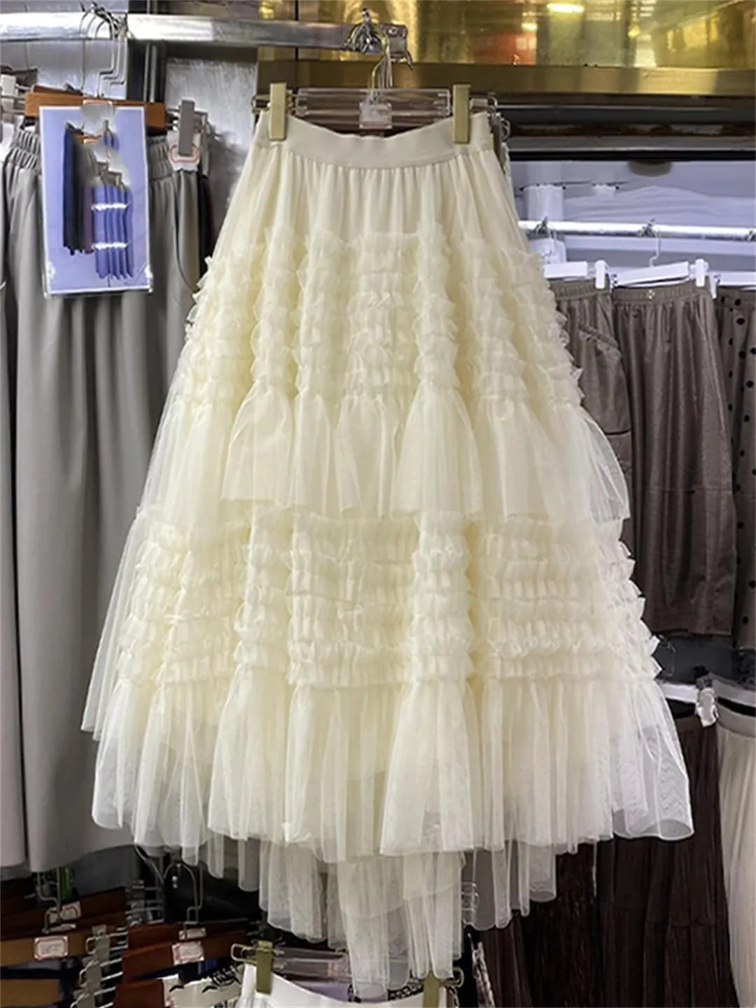 Women High Waist Elastic Tulle Cake Irregular Ruffles Female Mesh Skirt Pleated A-Line Swing Midi Skirt