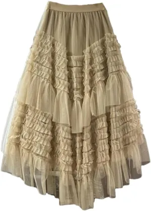 Women High Waist Elastic Tulle Cake Irregular Ruffles Female Mesh Skirt Pleated A-Line Swing Midi Skirt