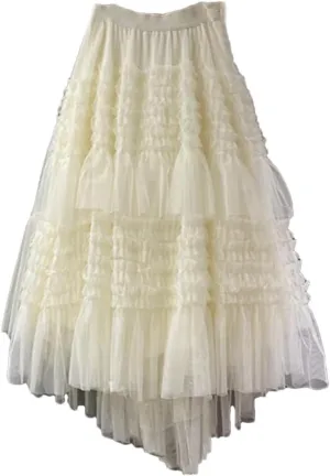 Women High Waist Elastic Tulle Cake Irregular Ruffles Female Mesh Skirt Pleated A-Line Swing Midi Skirt