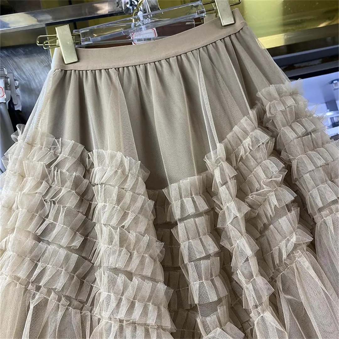 Women High Waist Elastic Tulle Cake Irregular Ruffles Female Mesh Skirt Pleated A-Line Swing Midi Skirt