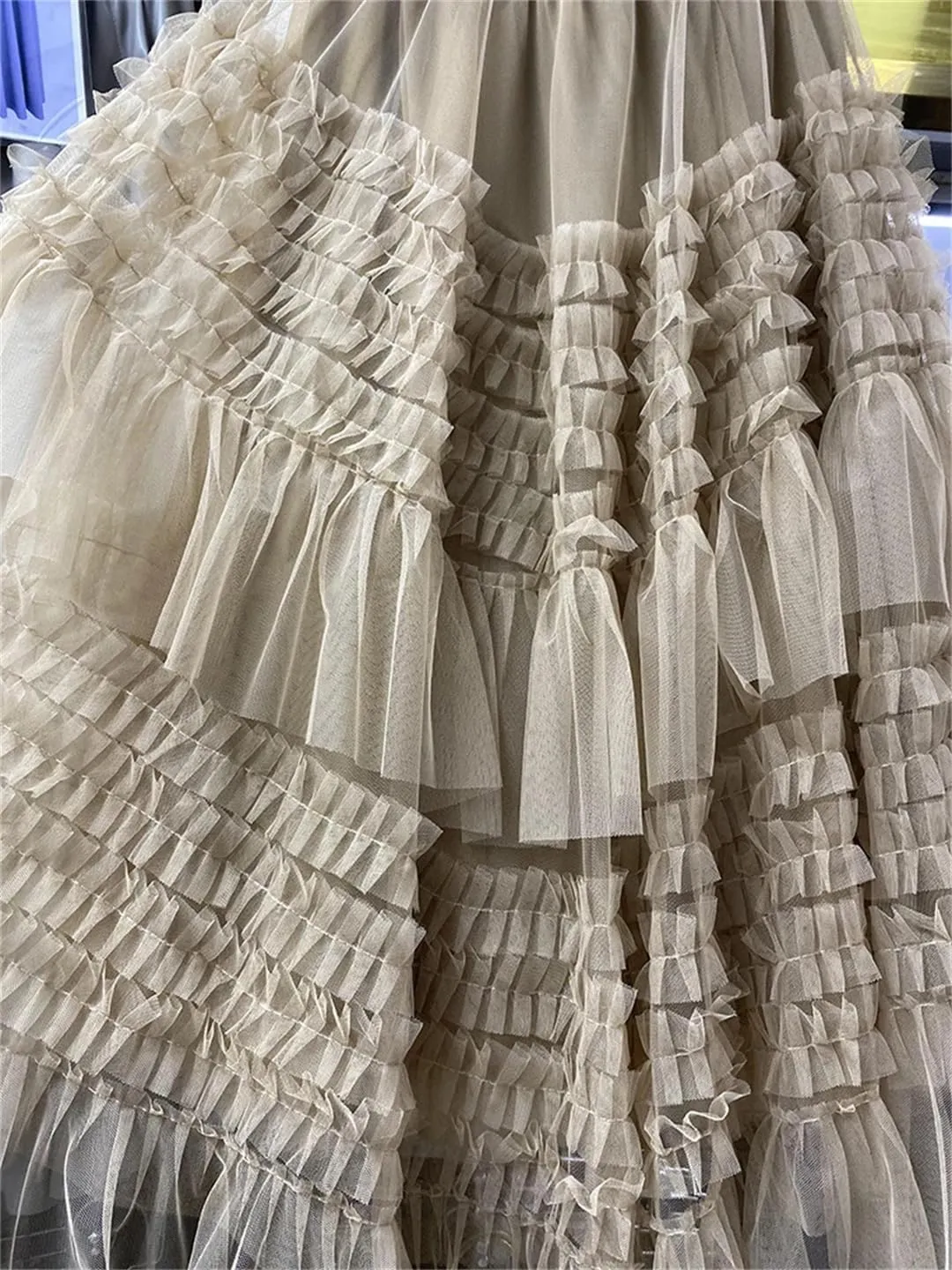 Women High Waist Elastic Tulle Cake Irregular Ruffles Female Mesh Skirt Pleated A-Line Swing Midi Skirt
