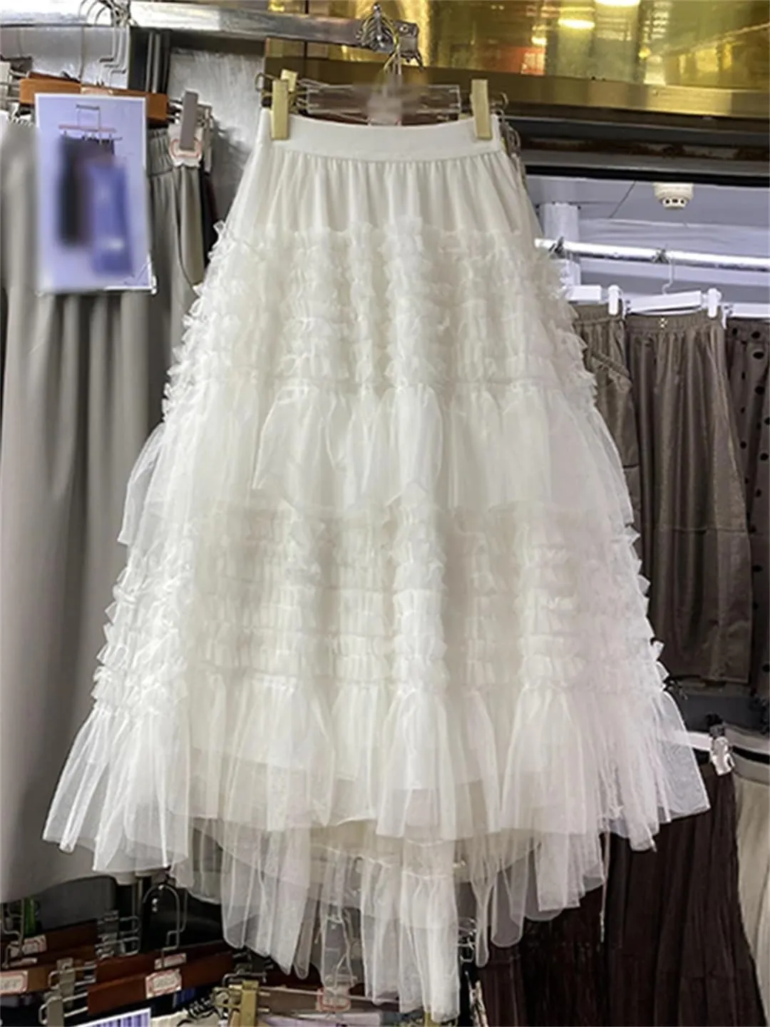 Women High Waist Elastic Tulle Cake Irregular Ruffles Female Mesh Skirt Pleated A-Line Swing Midi Skirt