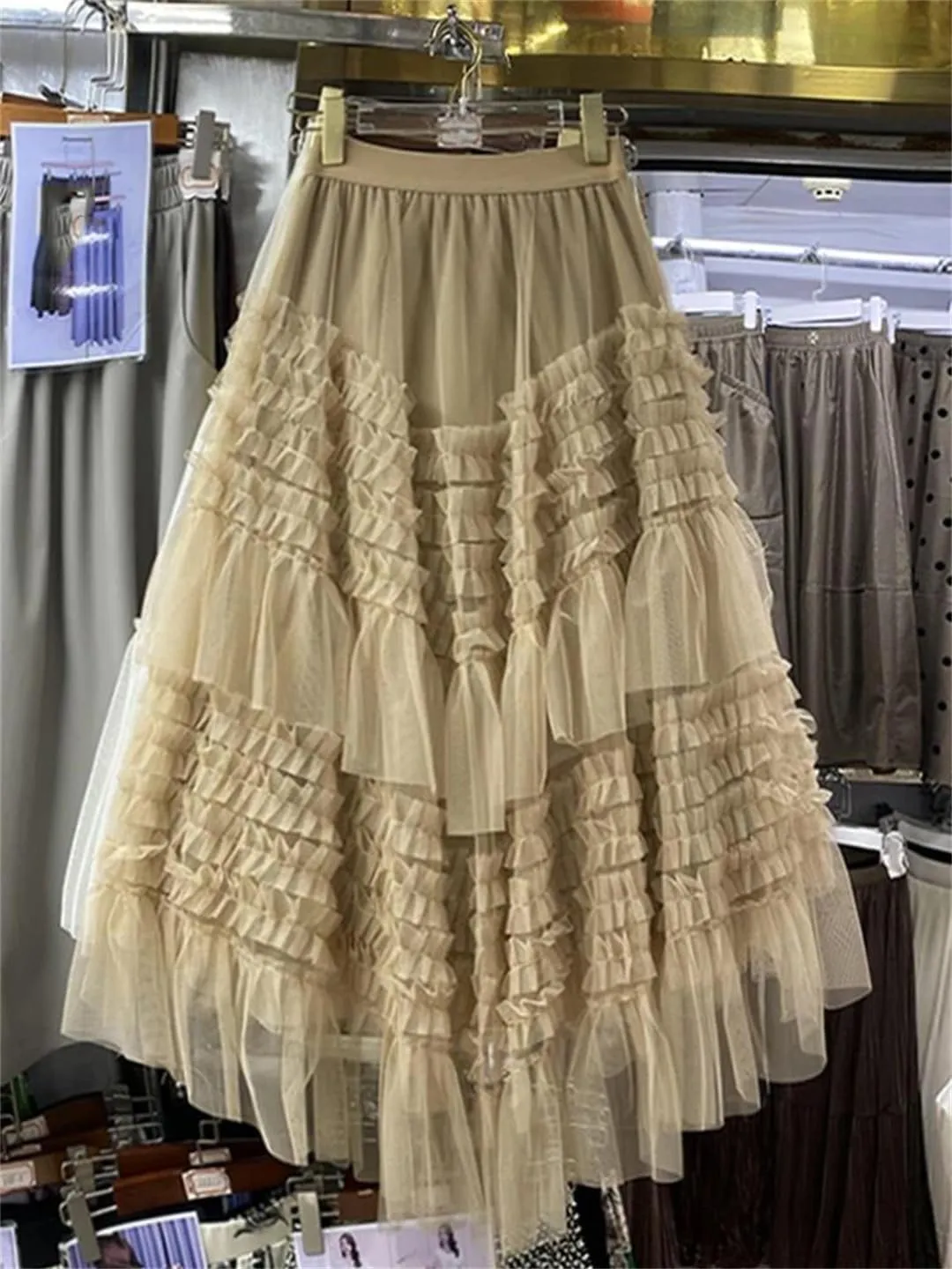 Women High Waist Elastic Tulle Cake Irregular Ruffles Female Mesh Skirt Pleated A-Line Swing Midi Skirt