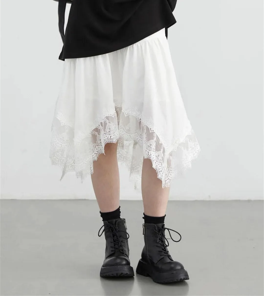 Women Irregular Lace A-Line Skirt Solid Hollow-Out Elastic High Waist Casual Midi Skirts