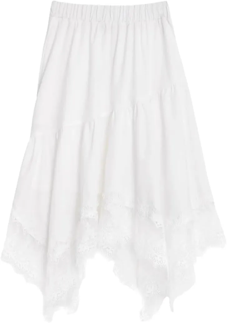 Women Irregular Lace A-Line Skirt Solid Hollow-Out Elastic High Waist Casual Midi Skirts