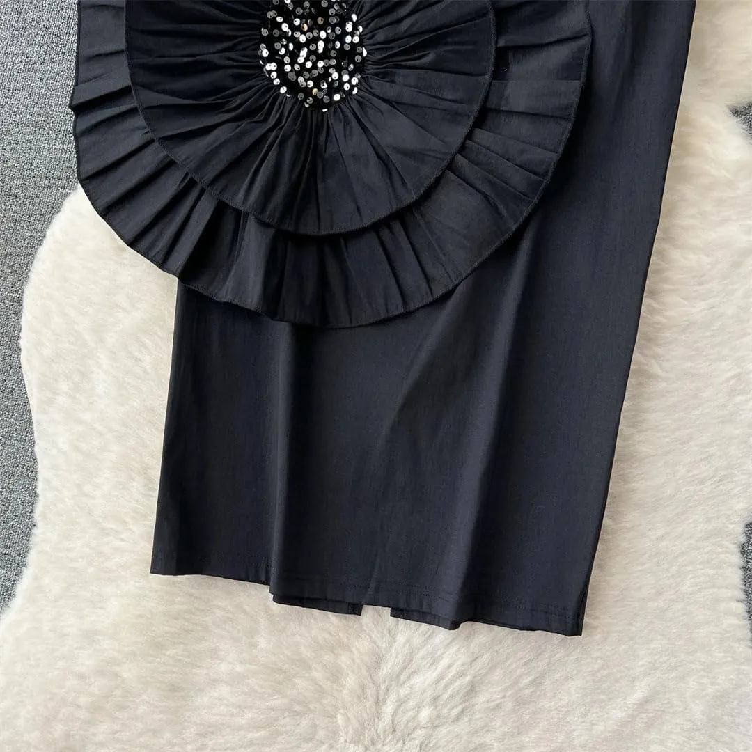 Women Sequins Midi Skirt Floral Appliques High Waist Casual Hip Wrap Pencil Skirts