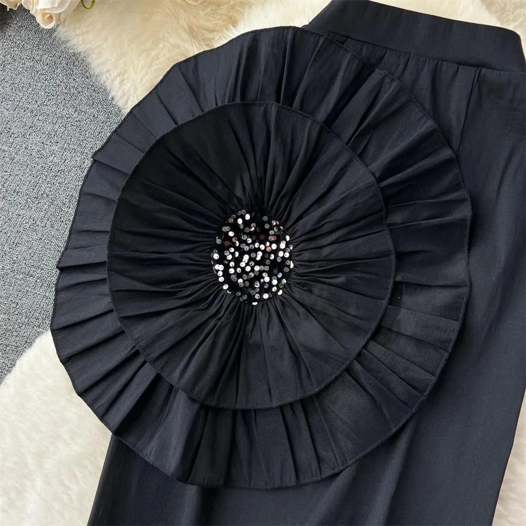 Women Sequins Midi Skirt Floral Appliques High Waist Casual Hip Wrap Pencil Skirts