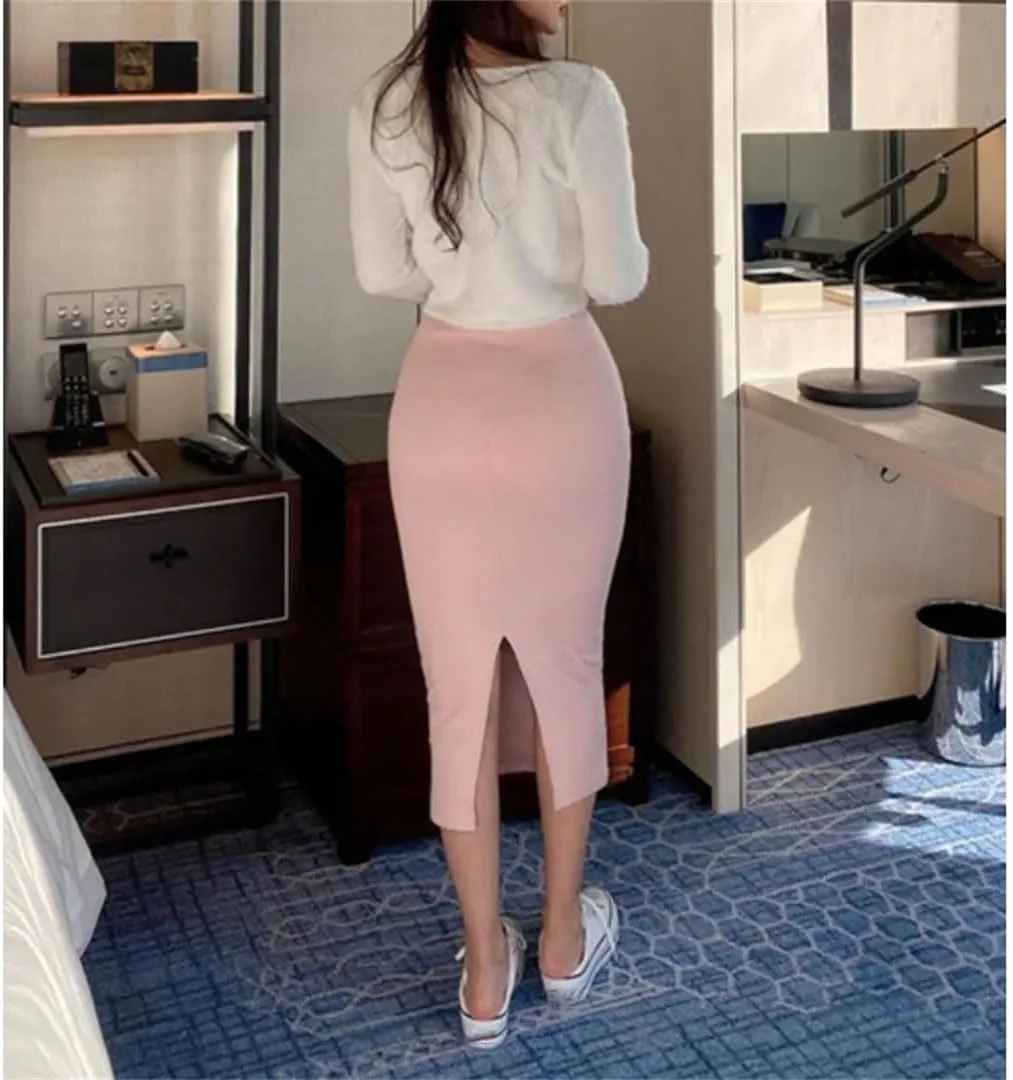 Women Solid Casual Split Skirt Elastic High Waist Vintage Midi Wrap Flared Skirts