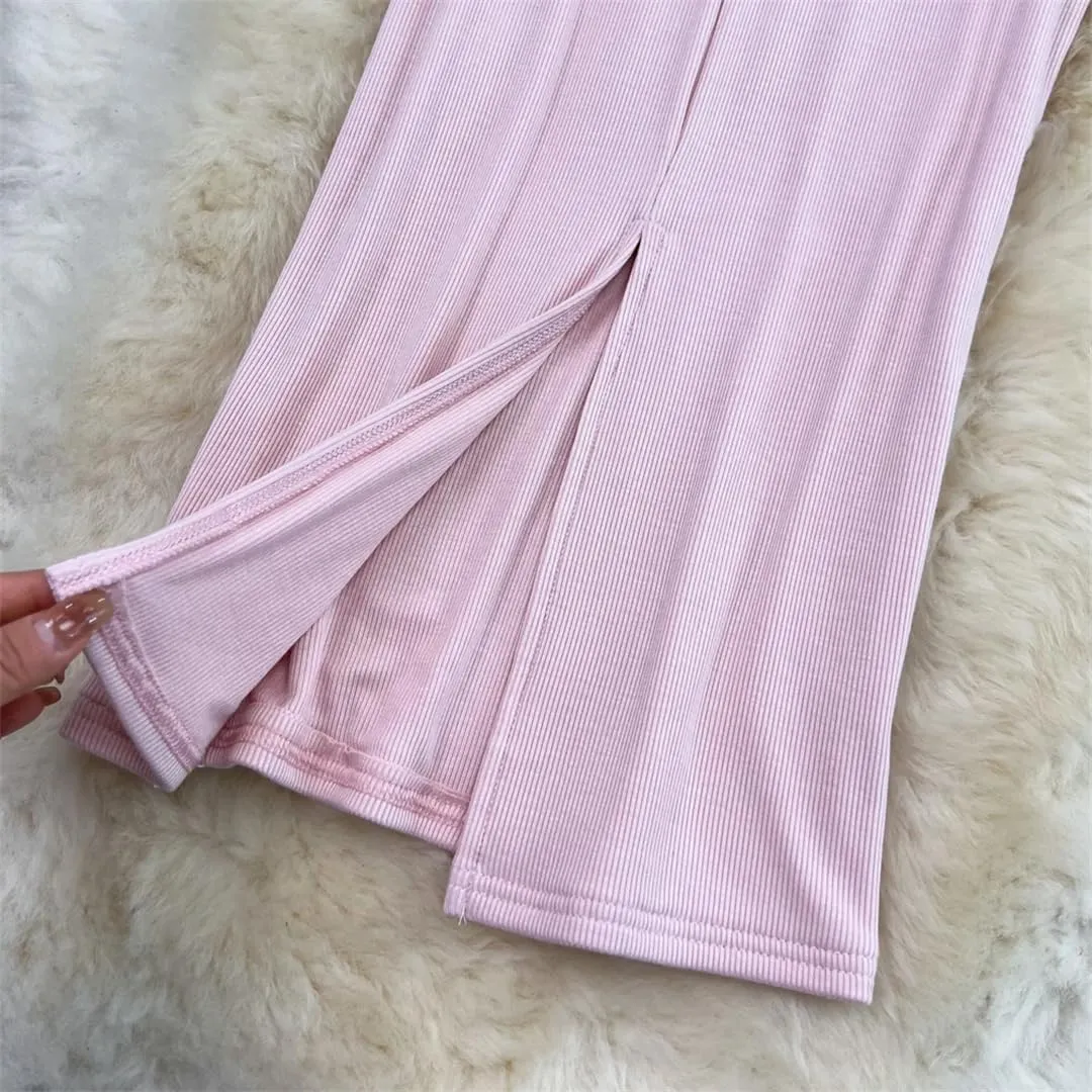 Women Solid Casual Split Skirt Elastic High Waist Vintage Midi Wrap Flared Skirts